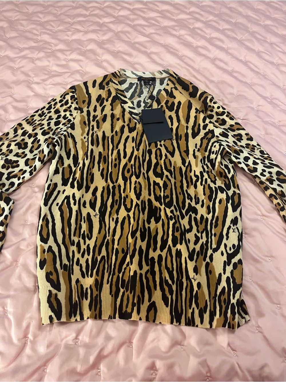 Louis Vuitton Tan and Black Animal Print V-Neck Sweater